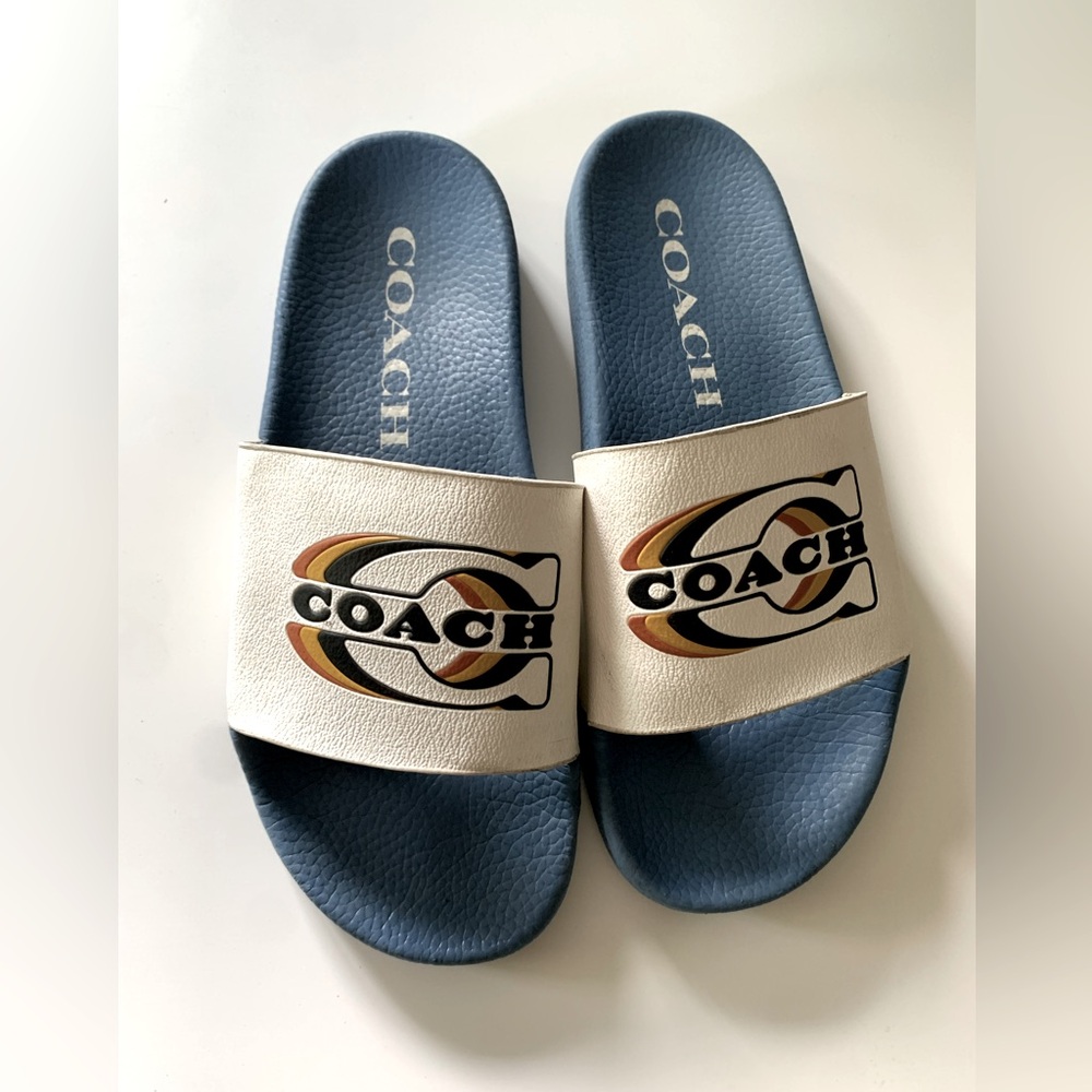 Coach Blue and Cream Logo Slides Sz 8